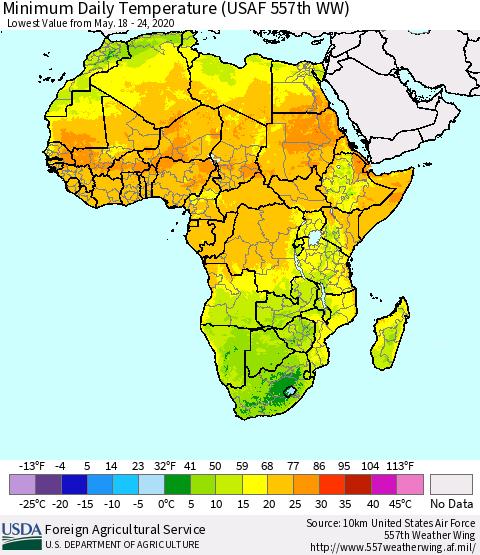 Africa Minimum Daily Temperature (USAF 557th WW) Thematic Map For 5/18/2020 - 5/24/2020