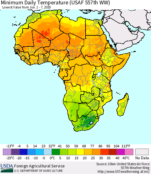 Africa Minimum Daily Temperature (USAF 557th WW) Thematic Map For 6/1/2020 - 6/7/2020