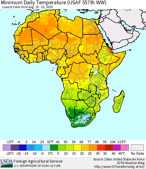 Africa Minimum Daily Temperature (USAF 557th WW) Thematic Map For 8/10/2020 - 8/16/2020