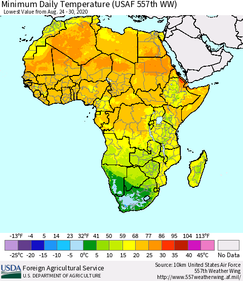 Africa Minimum Daily Temperature (USAF 557th WW) Thematic Map For 8/24/2020 - 8/30/2020
