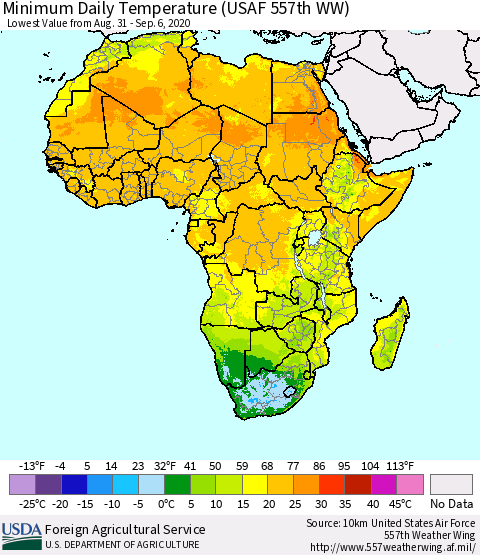 Africa Minimum Daily Temperature (USAF 557th WW) Thematic Map For 8/31/2020 - 9/6/2020