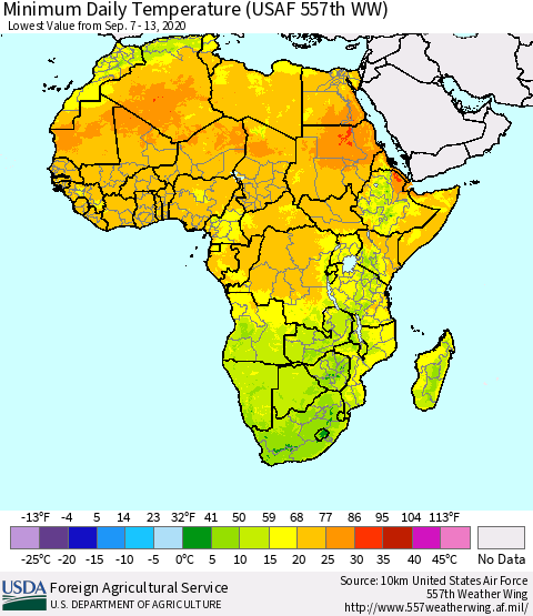 Africa Minimum Daily Temperature (USAF 557th WW) Thematic Map For 9/7/2020 - 9/13/2020