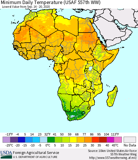 Africa Minimum Daily Temperature (USAF 557th WW) Thematic Map For 9/14/2020 - 9/20/2020