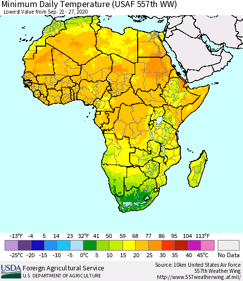 Africa Minimum Daily Temperature (USAF 557th WW) Thematic Map For 9/21/2020 - 9/27/2020