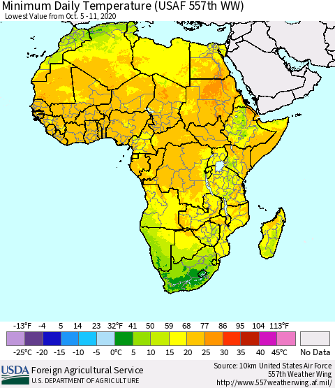 Africa Minimum Daily Temperature (USAF 557th WW) Thematic Map For 10/5/2020 - 10/11/2020