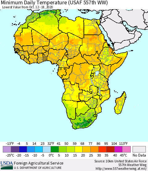 Africa Minimum Daily Temperature (USAF 557th WW) Thematic Map For 10/12/2020 - 10/18/2020