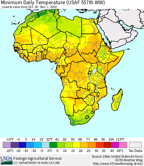 Africa Minimum Daily Temperature (USAF 557th WW) Thematic Map For 10/26/2020 - 11/1/2020