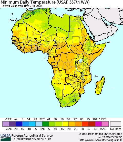 Africa Minimum Daily Temperature (USAF 557th WW) Thematic Map For 11/2/2020 - 11/8/2020