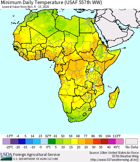 Africa Minimum Daily Temperature (USAF 557th WW) Thematic Map For 11/9/2020 - 11/15/2020