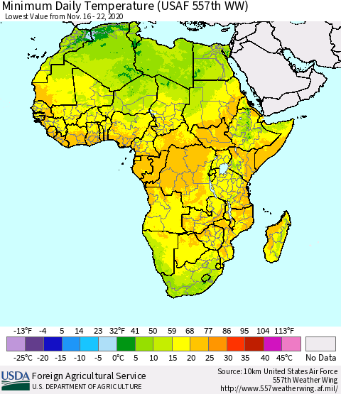 Africa Minimum Daily Temperature (USAF 557th WW) Thematic Map For 11/16/2020 - 11/22/2020