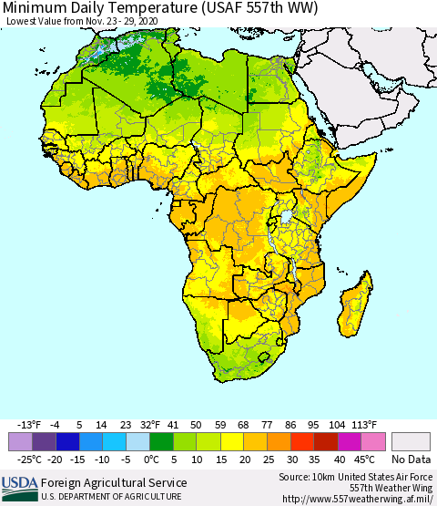 Africa Minimum Daily Temperature (USAF 557th WW) Thematic Map For 11/23/2020 - 11/29/2020