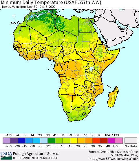 Africa Minimum Daily Temperature (USAF 557th WW) Thematic Map For 11/30/2020 - 12/6/2020