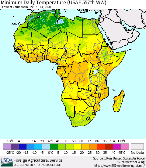 Africa Minimum Daily Temperature (USAF 557th WW) Thematic Map For 12/7/2020 - 12/13/2020