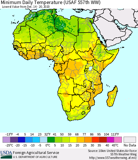 Africa Minimum Daily Temperature (USAF 557th WW) Thematic Map For 12/14/2020 - 12/20/2020