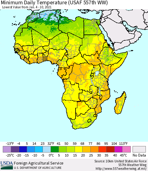 Africa Minimum Daily Temperature (USAF 557th WW) Thematic Map For 1/4/2021 - 1/10/2021