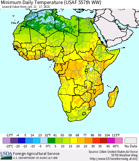 Africa Minimum Daily Temperature (USAF 557th WW) Thematic Map For 1/11/2021 - 1/17/2021
