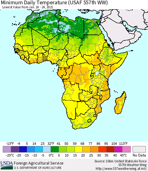 Africa Minimum Daily Temperature (USAF 557th WW) Thematic Map For 1/18/2021 - 1/24/2021