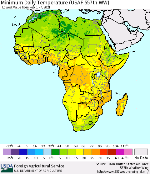 Africa Minimum Daily Temperature (USAF 557th WW) Thematic Map For 2/1/2021 - 2/7/2021
