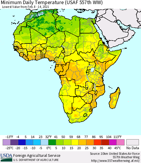 Africa Minimum Daily Temperature (USAF 557th WW) Thematic Map For 2/8/2021 - 2/14/2021