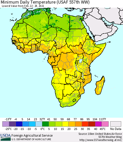 Africa Minimum Daily Temperature (USAF 557th WW) Thematic Map For 2/22/2021 - 2/28/2021