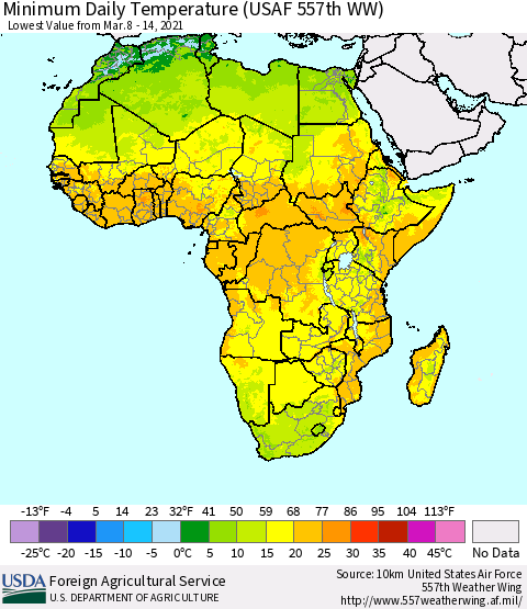 Africa Minimum Daily Temperature (USAF 557th WW) Thematic Map For 3/8/2021 - 3/14/2021
