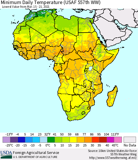 Africa Minimum Daily Temperature (USAF 557th WW) Thematic Map For 3/15/2021 - 3/21/2021
