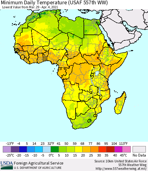 Africa Minimum Daily Temperature (USAF 557th WW) Thematic Map For 3/29/2021 - 4/4/2021