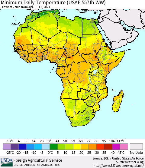 Africa Minimum Daily Temperature (USAF 557th WW) Thematic Map For 4/5/2021 - 4/11/2021