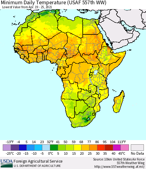 Africa Minimum Daily Temperature (USAF 557th WW) Thematic Map For 4/19/2021 - 4/25/2021