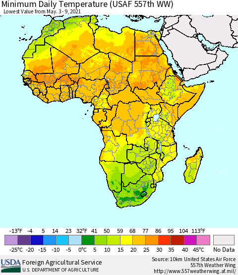 Africa Minimum Daily Temperature (USAF 557th WW) Thematic Map For 5/3/2021 - 5/9/2021