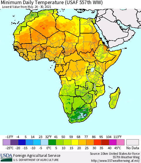 Africa Minimum Daily Temperature (USAF 557th WW) Thematic Map For 5/24/2021 - 5/30/2021