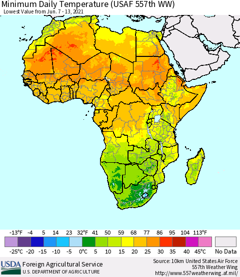 Africa Minimum Daily Temperature (USAF 557th WW) Thematic Map For 6/7/2021 - 6/13/2021