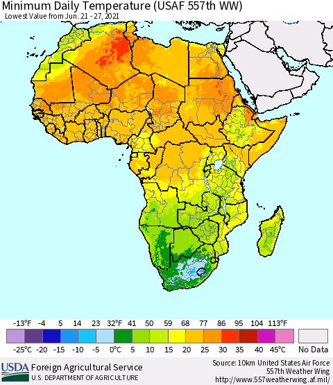 Africa Minimum Daily Temperature (USAF 557th WW) Thematic Map For 6/21/2021 - 6/27/2021