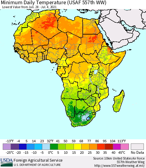 Africa Minimum Daily Temperature (USAF 557th WW) Thematic Map For 6/28/2021 - 7/4/2021