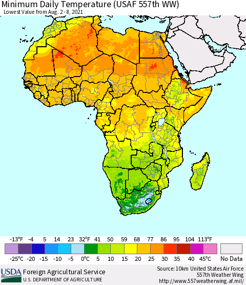 Africa Minimum Daily Temperature (USAF 557th WW) Thematic Map For 8/2/2021 - 8/8/2021