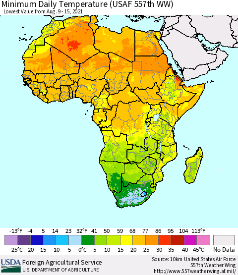 Africa Minimum Daily Temperature (USAF 557th WW) Thematic Map For 8/9/2021 - 8/15/2021