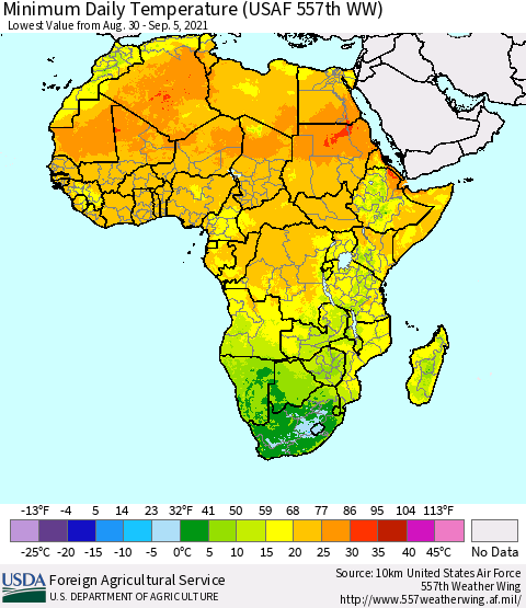 Africa Minimum Daily Temperature (USAF 557th WW) Thematic Map For 8/30/2021 - 9/5/2021