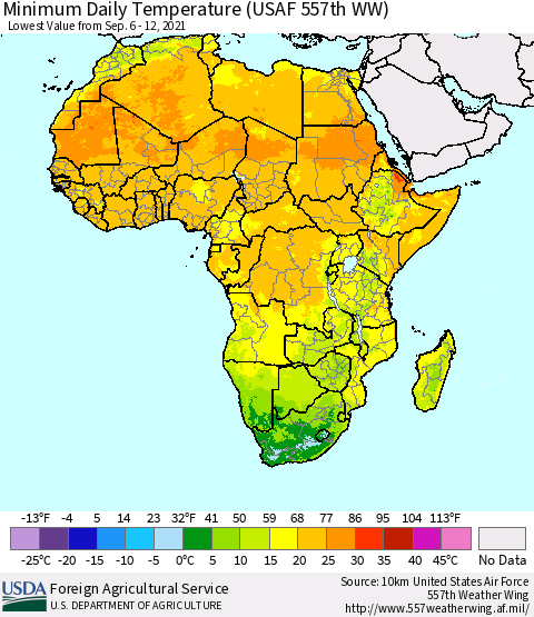 Africa Minimum Daily Temperature (USAF 557th WW) Thematic Map For 9/6/2021 - 9/12/2021