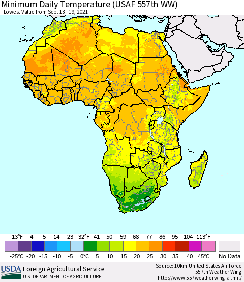 Africa Minimum Daily Temperature (USAF 557th WW) Thematic Map For 9/13/2021 - 9/19/2021