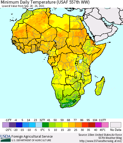 Africa Minimum Daily Temperature (USAF 557th WW) Thematic Map For 9/20/2021 - 9/26/2021