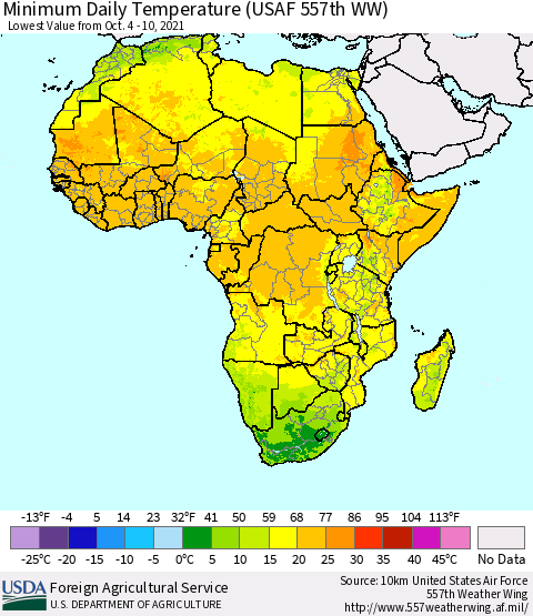 Africa Minimum Daily Temperature (USAF 557th WW) Thematic Map For 10/4/2021 - 10/10/2021