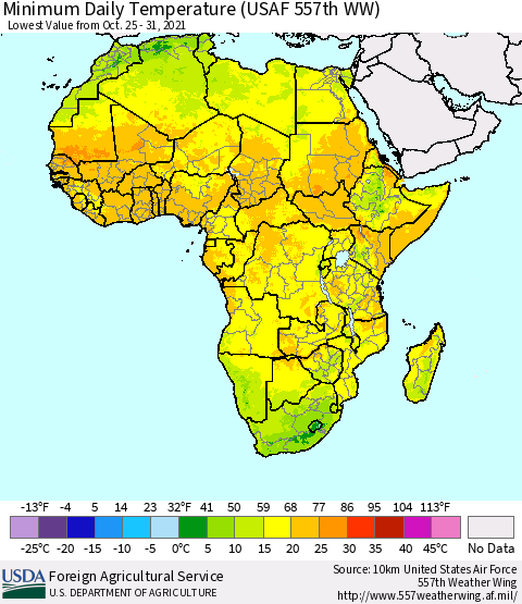 Africa Minimum Daily Temperature (USAF 557th WW) Thematic Map For 10/25/2021 - 10/31/2021