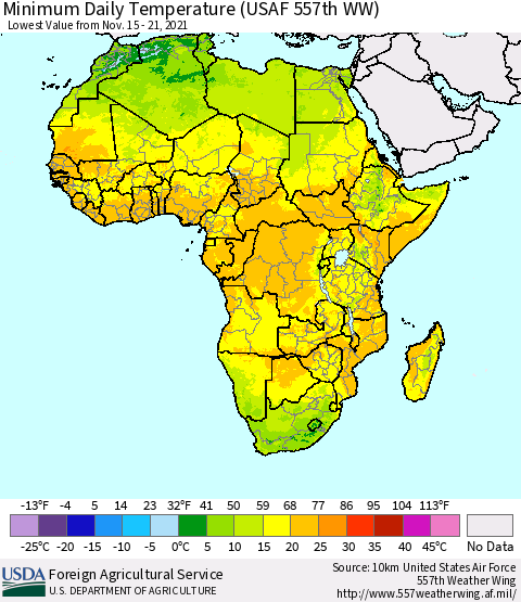 Africa Minimum Daily Temperature (USAF 557th WW) Thematic Map For 11/15/2021 - 11/21/2021