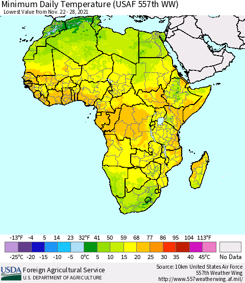 Africa Minimum Daily Temperature (USAF 557th WW) Thematic Map For 11/22/2021 - 11/28/2021