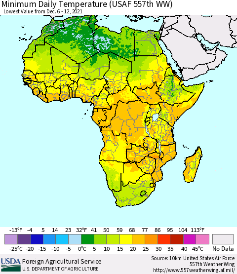 Africa Minimum Daily Temperature (USAF 557th WW) Thematic Map For 12/6/2021 - 12/12/2021