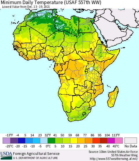 Africa Minimum Daily Temperature (USAF 557th WW) Thematic Map For 12/13/2021 - 12/19/2021