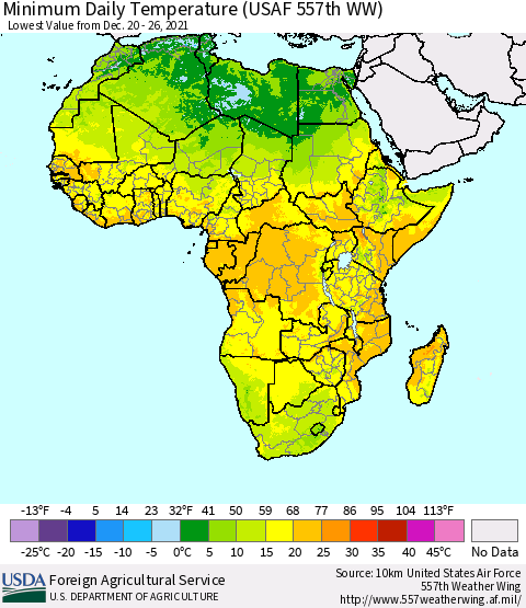 Africa Minimum Daily Temperature (USAF 557th WW) Thematic Map For 12/20/2021 - 12/26/2021