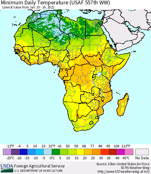 Africa Minimum Daily Temperature (USAF 557th WW) Thematic Map For 1/10/2022 - 1/16/2022