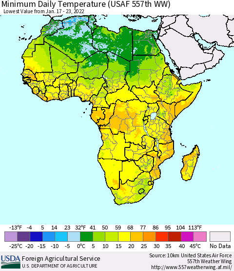 Africa Minimum Daily Temperature (USAF 557th WW) Thematic Map For 1/17/2022 - 1/23/2022