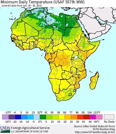Africa Minimum Daily Temperature (USAF 557th WW) Thematic Map For 1/24/2022 - 1/30/2022